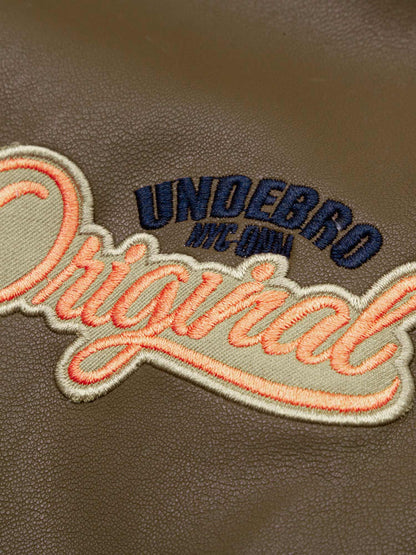Thesupermade Lettering Embroidered Leather Bomber Jacket 