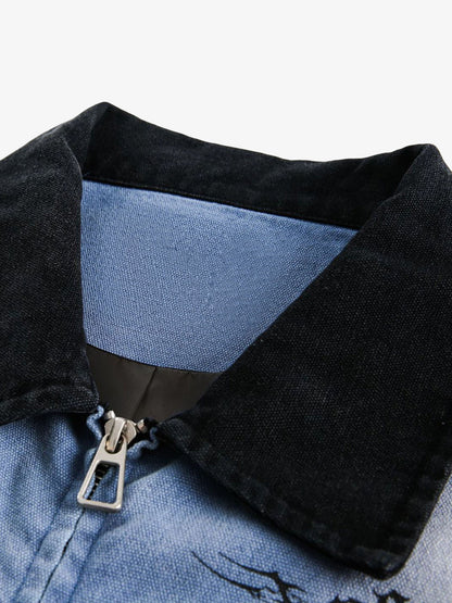 Ripped Graffiti Washed Zip Up Denim Jacket 