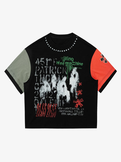 Contrast Color Patchwork Print T-Shirt 
