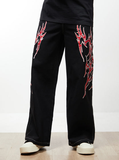 Contrast Flame Embroidered Baggy Jeans - 2364 