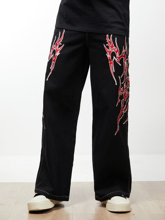 Contrast Flame Embroidered Baggy Jeans - 2364 