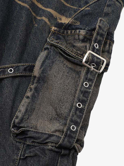 Vintage Washed Distressed Multi Pocket Cargo Jeans 
