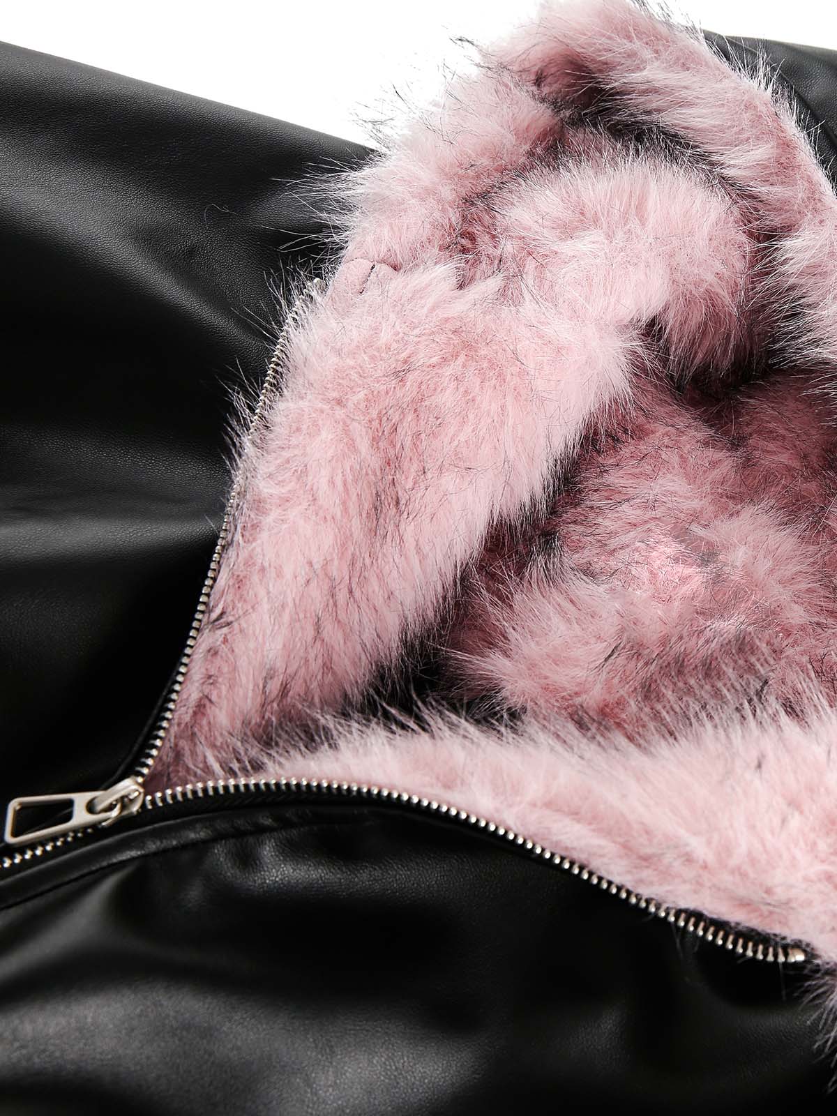 Leather Pink Fur Hooded Quilted Jacket 