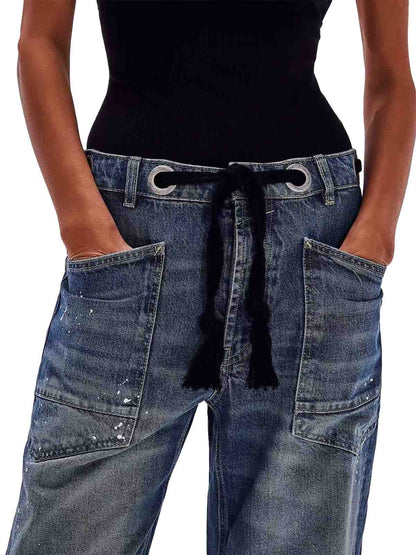 Thesupermade Drawstring Denim Patch Washed Jeans 