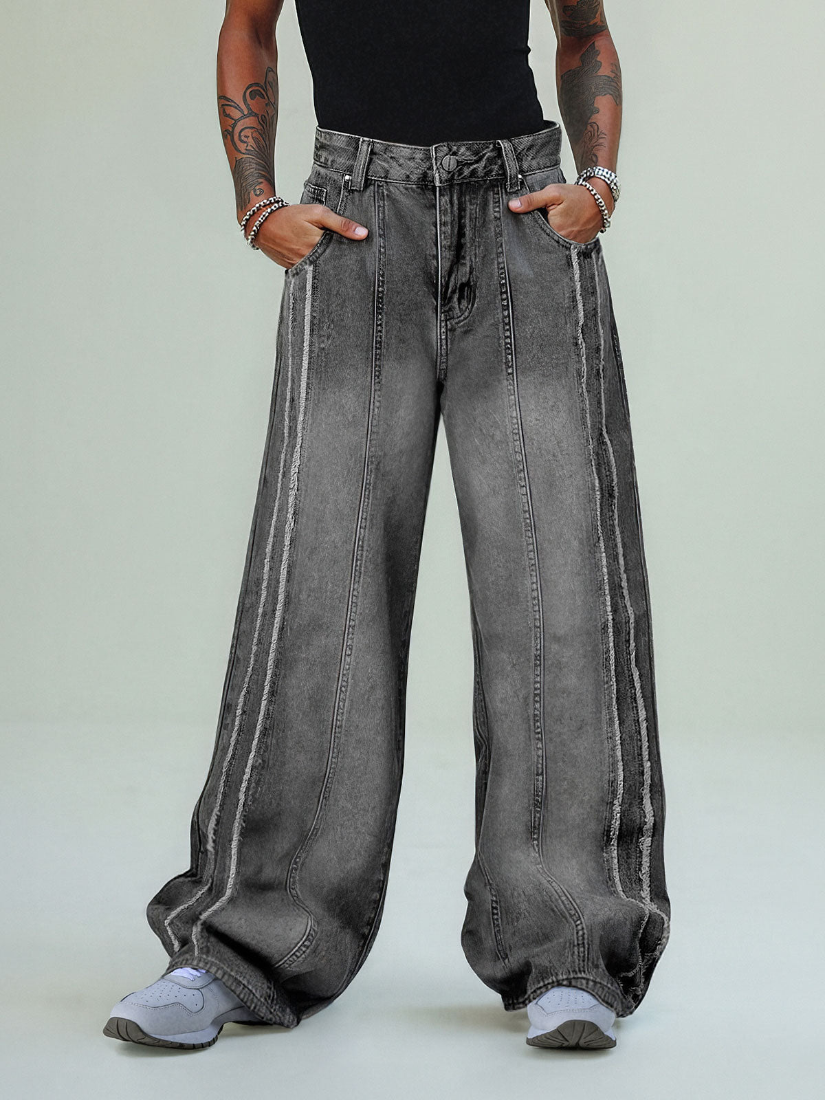 Thesupermade Washed Distressed Raw Edge Baggy Jeans - 2271 