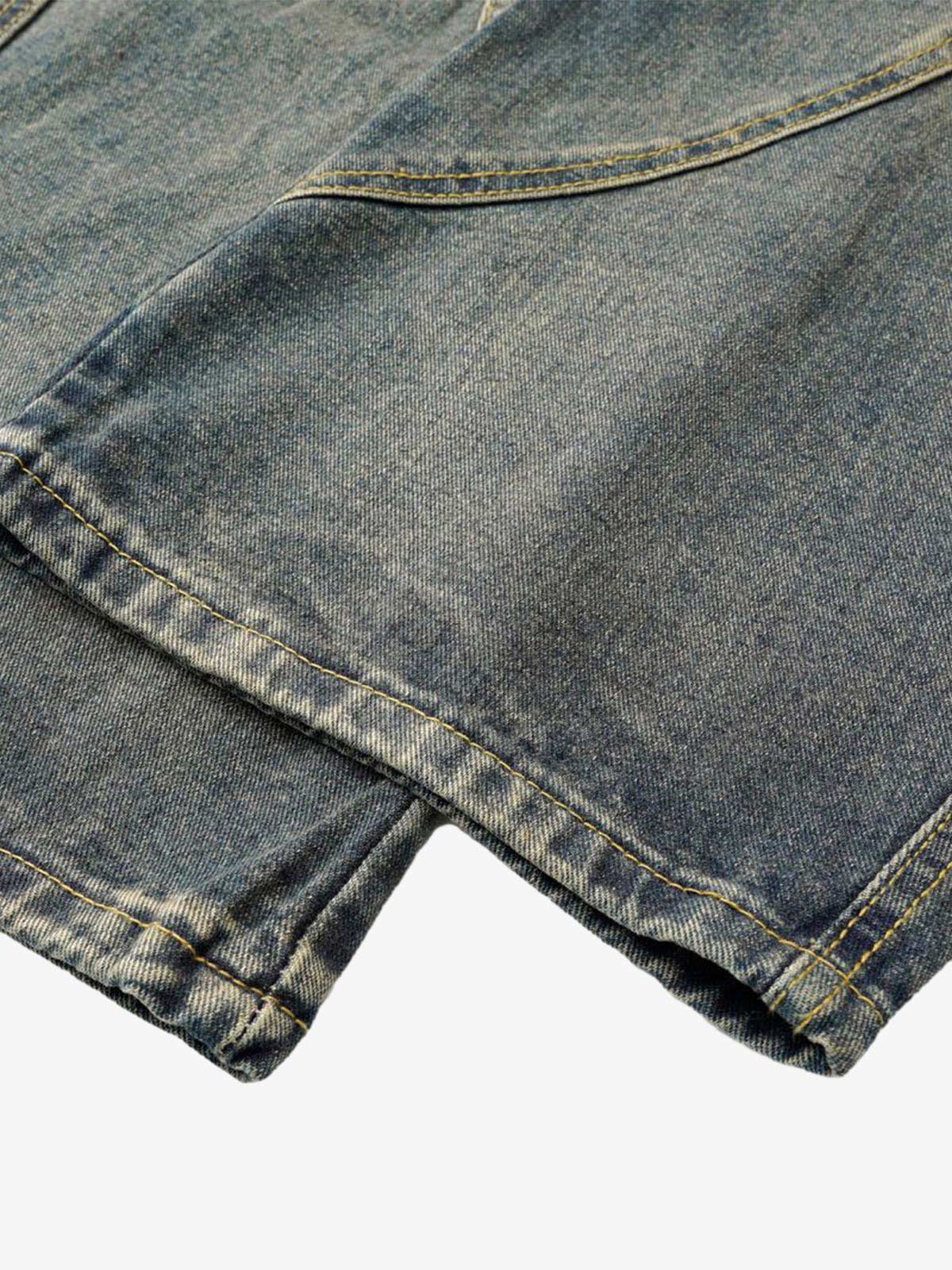 Washed Distressed Split Drawstring Barrel Jeans 