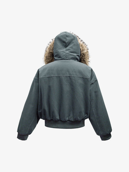Fur Lined Zip Up Hooded Bomber Jacket 