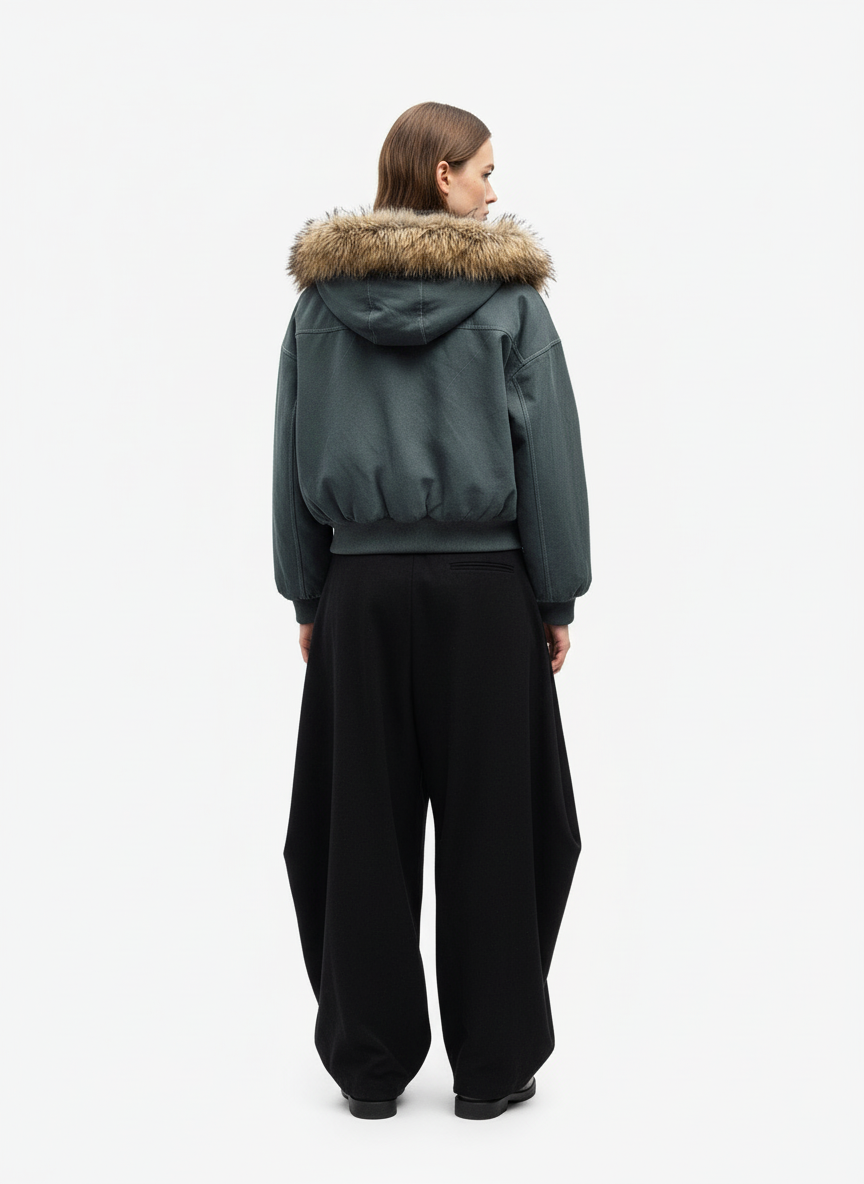 Faux Fur Lined Zip Up Hooded Bomber Jacket