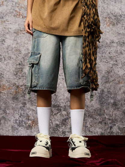 High-Waisted Multi-Pocket Denim Cargo Shorts 