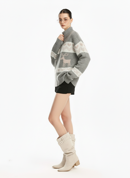 Retro Christmas Reindeer Pattern Zip-Up Knit Cardigan Sweater