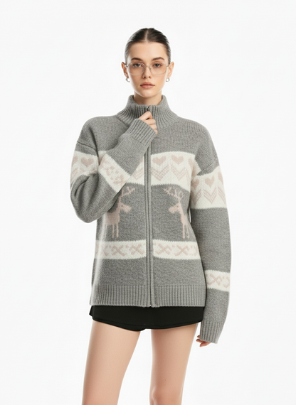 Retro Christmas Reindeer Pattern Zip-Up Knit Cardigan Sweater