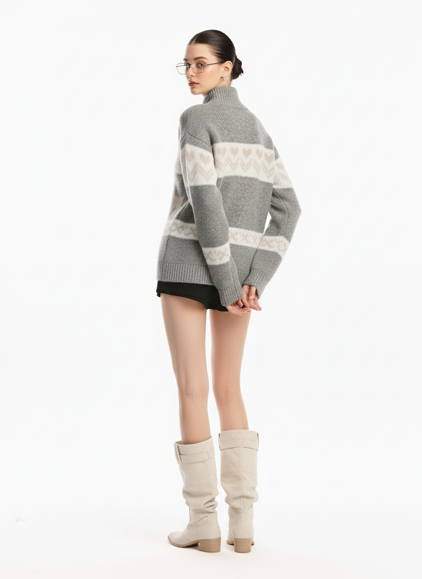 Retro Christmas Reindeer Pattern Zip-Up Knit Cardigan Sweater