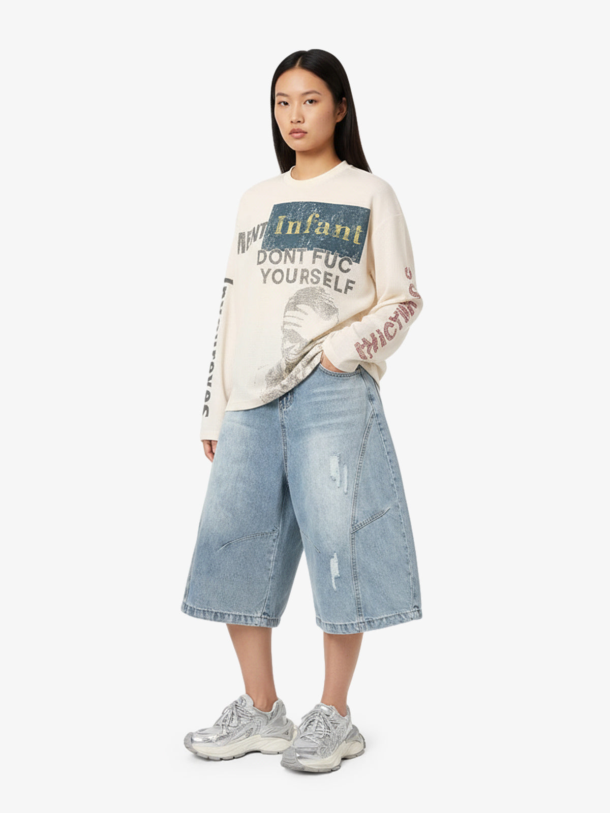 Waffle Knit Graphic Print Crewneck Sweatshirt 