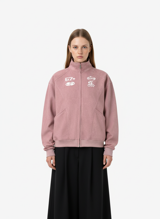 Suede Embroidered Zippered Short Jacket