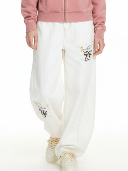 Embroidered Floral Patches Barrel Jeans