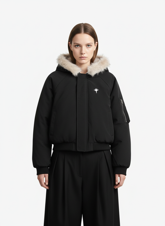 Retro Fur Hooded Fleece Bomber Jacket - 2478