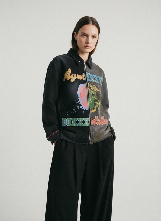 Contrast Color Spliced Graffiti Zip Up Jacket